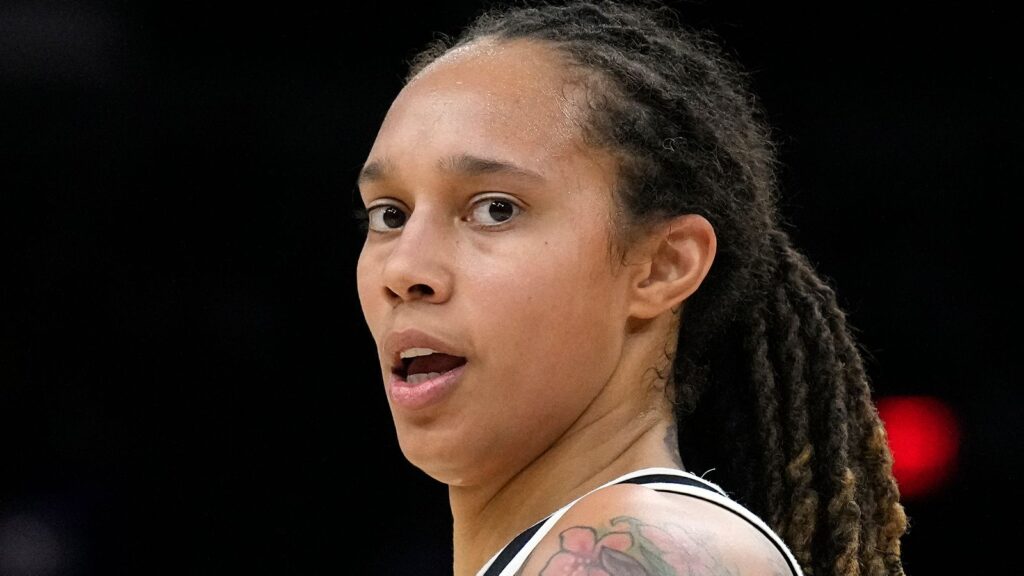FILE - Phoenix Mercury center Brittney Griner during the first half of Game 2 of basketball's WNBA Finals against the Chicago Sky, Oct. 13, 2021, in Phoenix (AP Photo/Rick Scuteri, File)