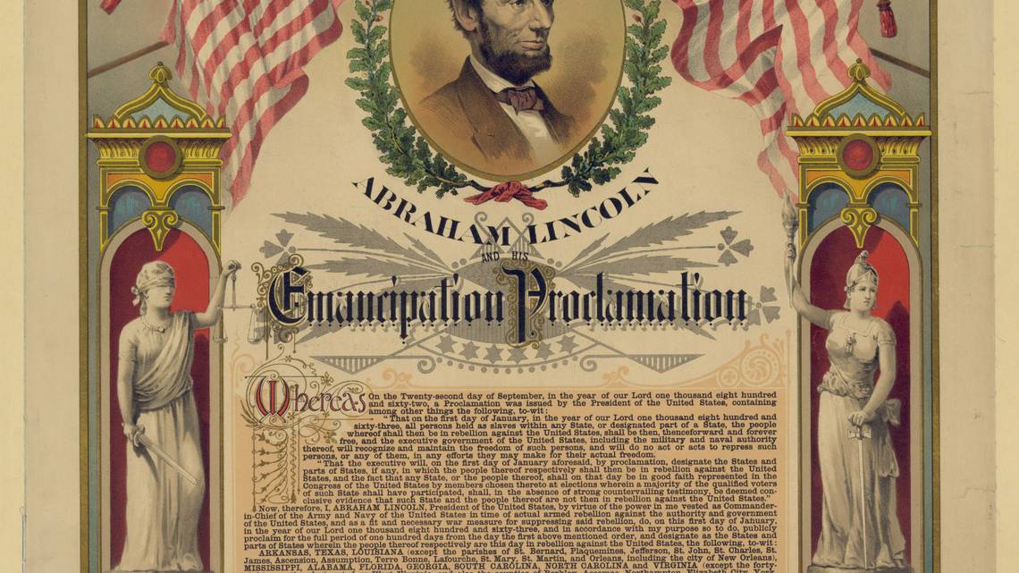 This text of the Emancipation Proclamation includes a portrait of Abraham Lincoln and allegorical figures of Justice and Liberty. It was published around 1888 by the Strobridge Lithographing Company. It is in the collection of the Library of Congress in Washington. Illustrates CIVILWAR-EMANCIPATION (category l) by Philip Kennicott (c) 2012, The Washington Post. Moved Friday, Sept. 7, 2012. (MUST CREDIT: Library of Congress Prints and Photographs Division)