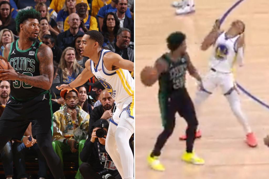 Warriors' Jordan Poole gets away with wild flop on Marcus Smart