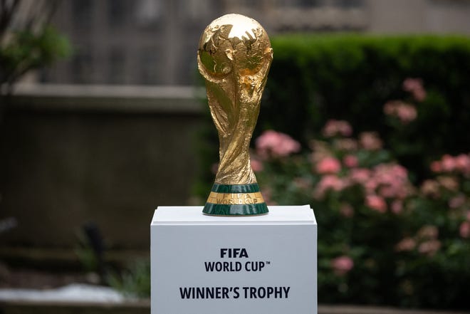 The FIFA World Cup trophy is displayed during an event in New York after an announcement related to the staging of the FIFA World Cup 2026, on June 16, 2022. -