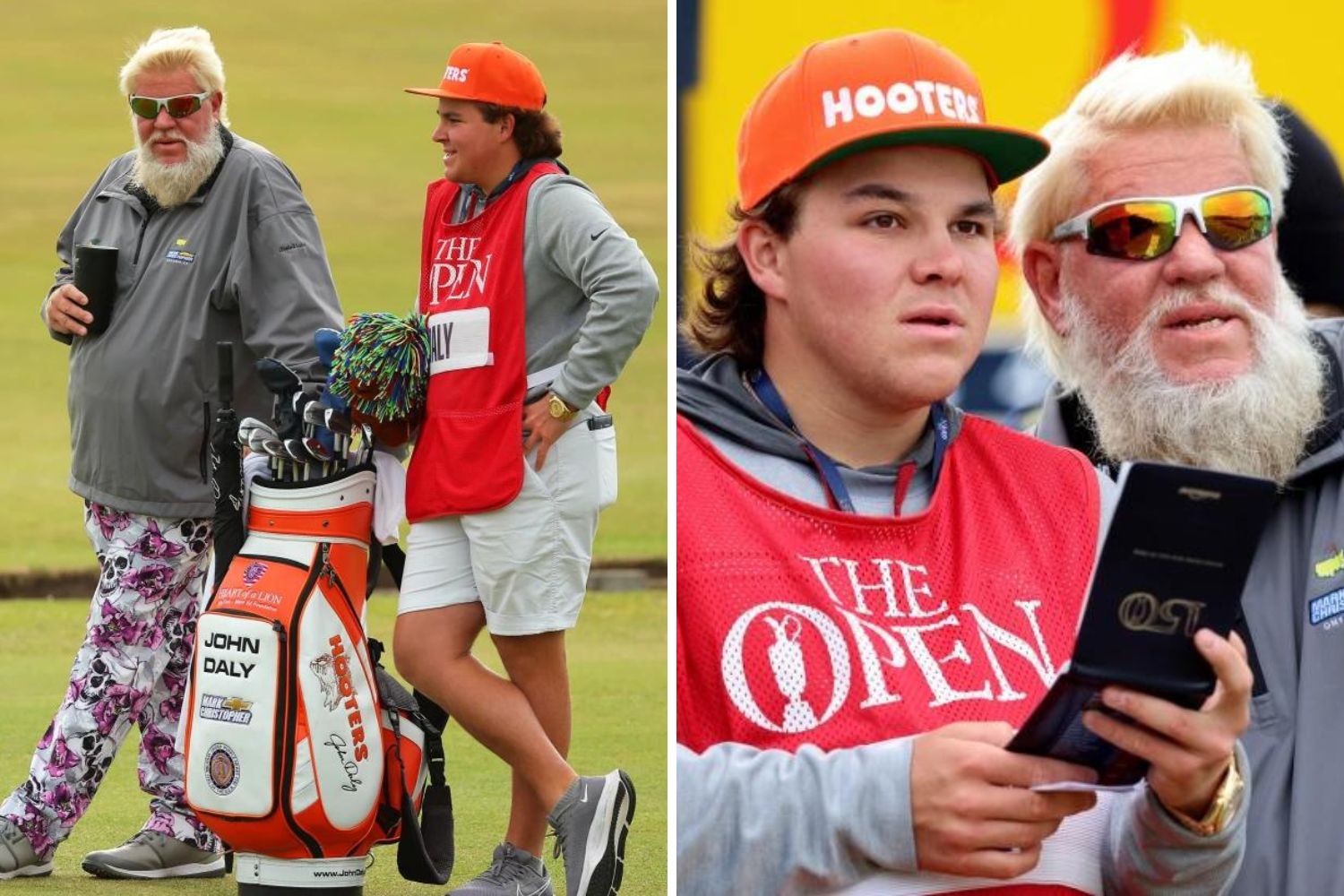 John Daly tees off for The Open with Hooters golf bag as his caddy, son John II, wears matching hat at St Andrews