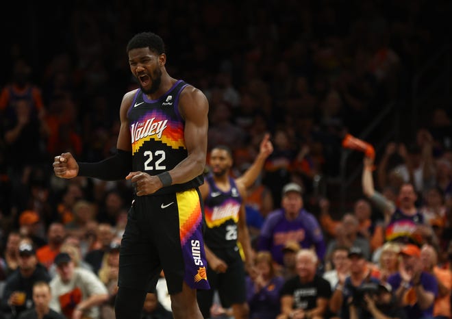 Apr 26, 2022; Phoenix, Arizona, USA; Phoenix Suns center Deandre Ayton (22) celebrates a play against the New Orleans Pelicans in the first half during game five of the first round for the 2022 NBA playoffs at Footprint Center. Mandatory Credit: Mark J. Rebilas-USA TODAY Sports
